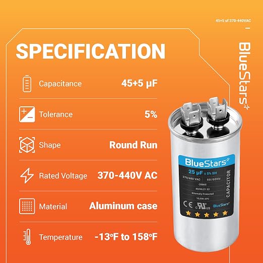 UL Certified] 45+5 uF 45/5 MFD 370V or 440V AC Dual Circular Run Start Capacitor CBB65 50/60 Hz - Fit Air Conditioner Motor