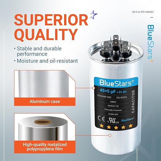 UL Certified] 45+5 uF 45/5 MFD 370V or 440V AC Dual Circular Run Start Capacitor CBB65 50/60 Hz - Fit Air Conditioner Motor