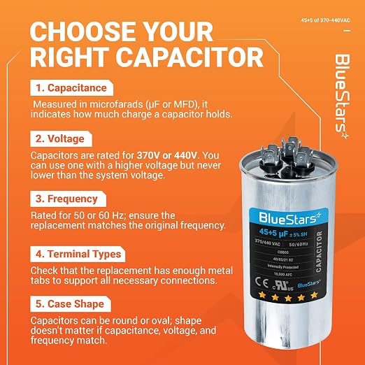 UL Certified] 45+5 uF 45/5 MFD 370V or 440V AC Dual Circular Run Start Capacitor CBB65 50/60 Hz - Fit Air Conditioner Motor