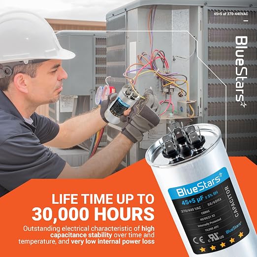 UL Certified] 45+5 uF 45/5 MFD 370V or 440V AC Dual Circular Run Start Capacitor CBB65 50/60 Hz - Fit Air Conditioner Motor