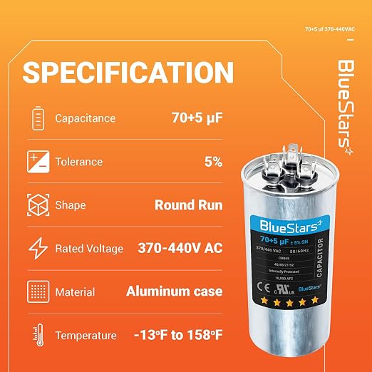 UL Certified] 70+5 uF ±5% 70/5 MFD 370/440 VAC CBB65 Dual Run Circular Start Capacitor - for AC Motor Run or Fan, alternate