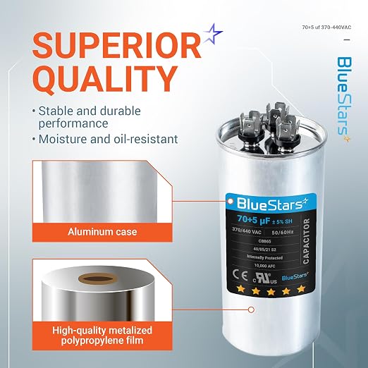 UL Certified] 70+5 uF ±5% 70/5 MFD 370/440 VAC CBB65 Dual Run Circular Start Capacitor - for AC Motor Run or Fan, alternate