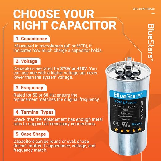 UL Certified] 70+5 uF ±5% 70/5 MFD 370/440 VAC CBB65 Dual Run Circular Start Capacitor - for AC Motor Run or Fan, alternate