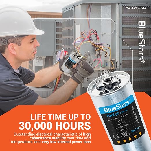 UL Certified] 70+5 uF ±5% 70/5 MFD 370/440 VAC CBB65 Dual Run Circular Start Capacitor - for AC Motor Run or Fan, alternate