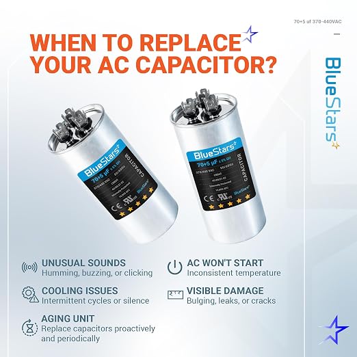 UL Certified] 70+5 uF ±5% 70/5 MFD 370/440 VAC CBB65 Dual Run Circular Start Capacitor - for AC Motor Run or Fan, alternate