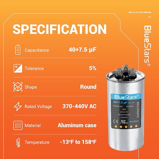 UL Listed] 40+7.5 uF 40/7.5 MFD ±5% 370/440 VAC Dual Run Start Round AC Capacitor CBB65 CBB65B 50/60Hz 10000AFC - Fit