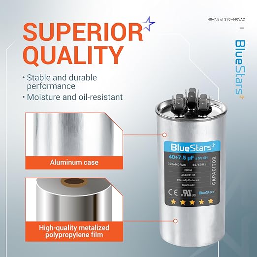 UL Listed] 40+7.5 uF 40/7.5 MFD ±5% 370/440 VAC Dual Run Start Round AC Capacitor CBB65 CBB65B 50/60Hz 10000AFC - Fit