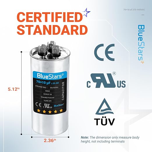 UL Listed] 70+10 uF 70/10 MFD ±5% 370V/440VAC Dual Run Start Capacitor Air Conditioner CBB65 50/60Hz, 10000AFC - for AC Unit