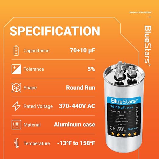 UL Listed] 70+10 uF 70/10 MFD ±5% 370V/440VAC Dual Run Start Capacitor Air Conditioner CBB65 50/60Hz, 10000AFC - for AC Unit