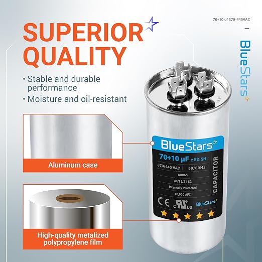 UL Listed] 70+10 uF 70/10 MFD ±5% 370V/440VAC Dual Run Start Capacitor Air Conditioner CBB65 50/60Hz, 10000AFC - for AC Unit