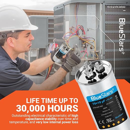 UL Listed] 70+10 uF 70/10 MFD ±5% 370V/440VAC Dual Run Start Capacitor Air Conditioner CBB65 50/60Hz, 10000AFC - for AC Unit