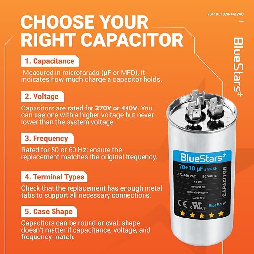 UL Listed] 70+10 uF 70/10 MFD ±5% 370V/440VAC Dual Run Start Capacitor Air Conditioner CBB65 50/60Hz, 10000AFC - for AC Unit