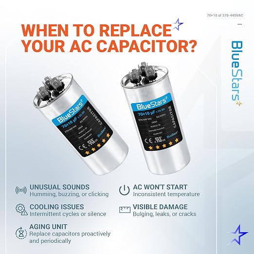 UL Listed] 70+10 uF 70/10 MFD ±5% 370V/440VAC Dual Run Start Capacitor Air Conditioner CBB65 50/60Hz, 10000AFC - for AC Unit