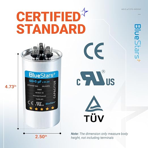 Ultra Durable 60+5 MFD uf ±5% 370/440 Volt VAC Dual Run Start Round Capacitor for Condenser Straight Cool or, alternate view
