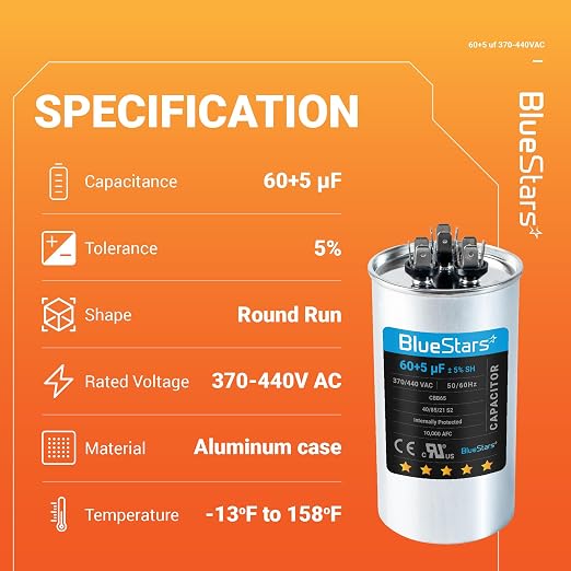 Ultra Durable 60+5 MFD uf ±5% 370/440 Volt VAC Dual Run Start Round Capacitor for Condenser Straight Cool or, alternate view