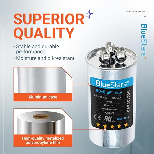 Ultra Durable 60+5 MFD uf ±5% 370/440 Volt VAC Dual Run Start Round Capacitor for Condenser Straight Cool or, alternate view