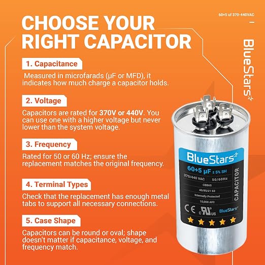 Ultra Durable 60+5 MFD uf ±5% 370/440 Volt VAC Dual Run Start Round Capacitor for Condenser Straight Cool or, alternate view