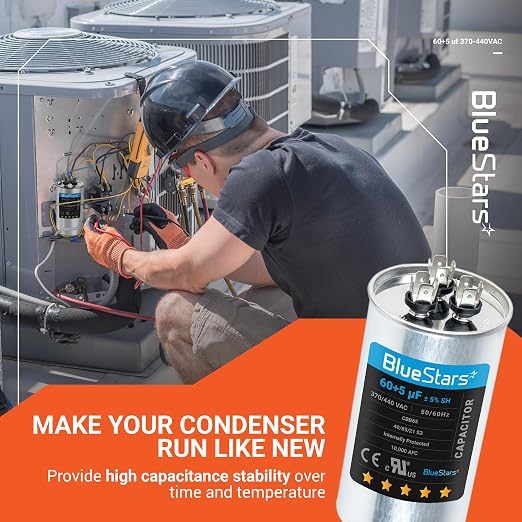 Ultra Durable 60+5 MFD uf ±5% 370/440 Volt VAC Dual Run Start Round Capacitor for Condenser Straight Cool or, alternate view