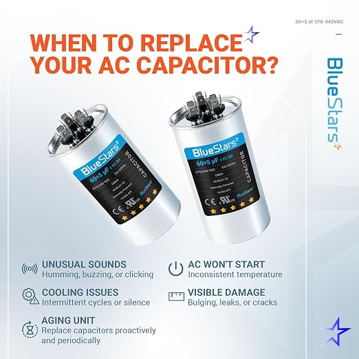 Ultra Durable 60+5 MFD uf ±5% 370/440 Volt VAC Dual Run Start Round Capacitor for Condenser Straight Cool or, alternate view