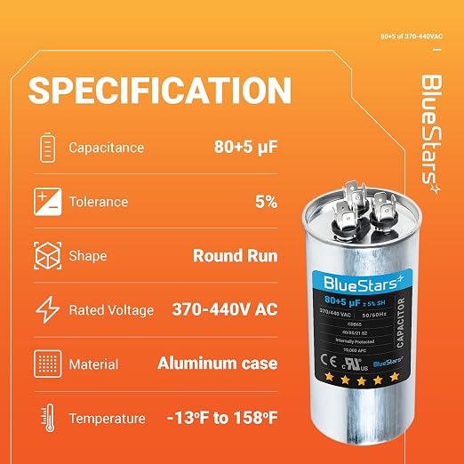 Ultra Durable 80+5 uf ± 5% MFD 370 Or 440V Dual Run Round Capacitor TP-CAP-80/5/440R Condenser Straight Cool & Heat Pump Air