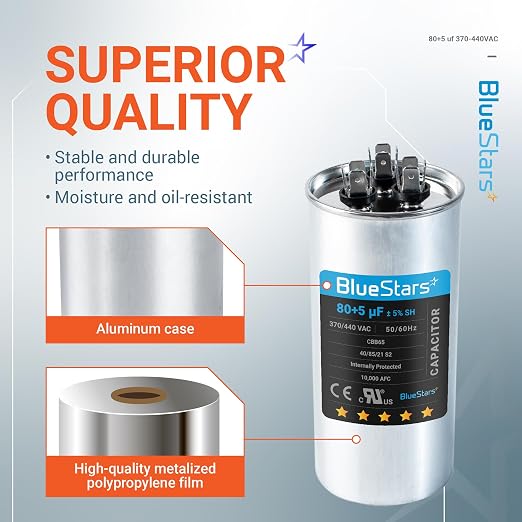 Ultra Durable 80+5 uf ± 5% MFD 370 Or 440V Dual Run Round Capacitor TP-CAP-80/5/440R Condenser Straight Cool & Heat Pump Air