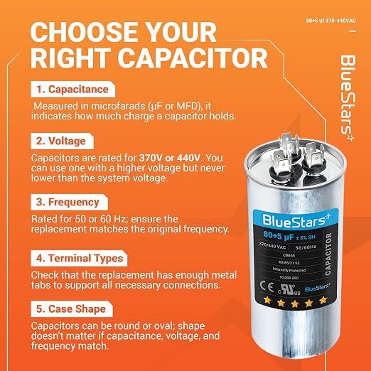 Ultra Durable 80+5 uf ± 5% MFD 370 Or 440V Dual Run Round Capacitor TP-CAP-80/5/440R Condenser Straight Cool & Heat Pump Air