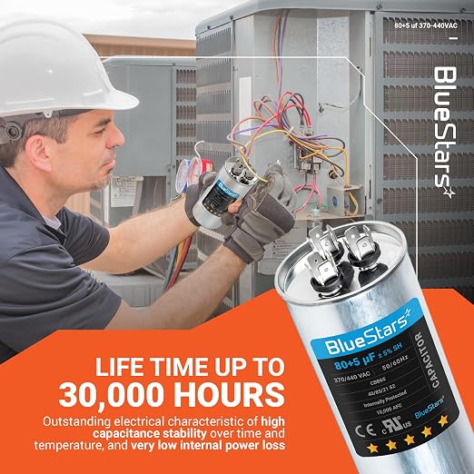 Ultra Durable 80+5 uf ± 5% MFD 370 Or 440V Dual Run Round Capacitor TP-CAP-80/5/440R Condenser Straight Cool & Heat Pump Air
