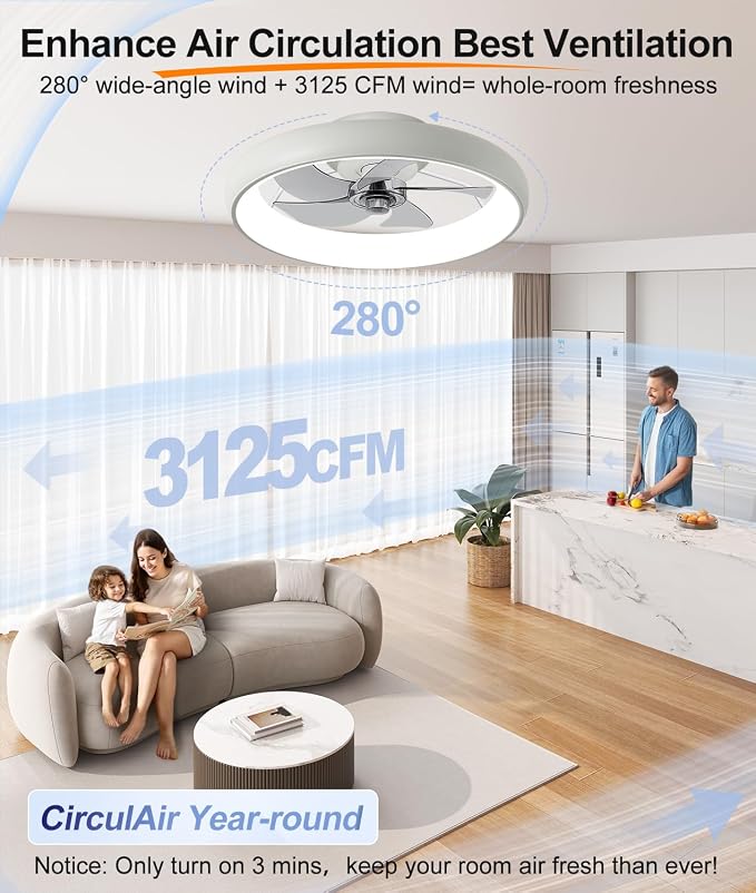 Ultra Low Profile Ceiling Fans with Lights and Remote Ultra Quiet 25 dB, 21" Modern Flush Mount Ceiling Fan LED Ceiling Fan