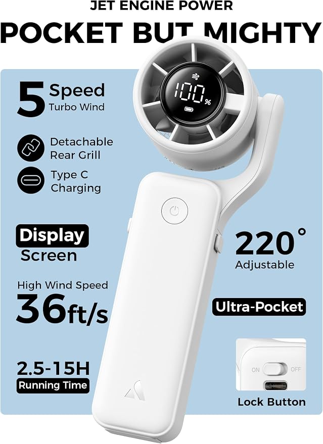 Ultra-Pocket Portable Handheld Turbo Fan, 5 Gear Jet Force Airflow, Up to 15 Working Hours, alternate product view 2