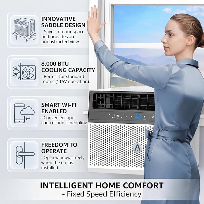 Ultra Quiet U-Shaped 8,000 BTU Window Air Conditioner – Energy Efficient Smart Inverter, WiFi & Voice Control, Remote