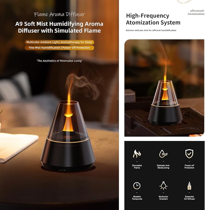 Ultrasonic Aroma Diffuser with Simulated Flame, 150ml, Timer and Auto-Off, LED Ambient Light (White), alternate product view