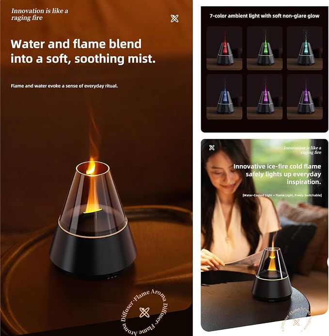 Ultrasonic Aroma Diffuser with Simulated Flame, 150ml, Timer and Auto-Off, LED Ambient Light (White), alternate product view