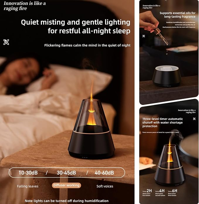 Ultrasonic Aroma Diffuser with Simulated Flame, 150ml, Timer and Auto-Off, LED Ambient Light (White), alternate product view