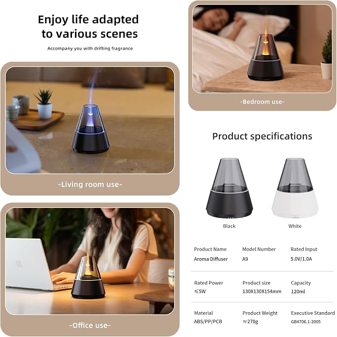 Ultrasonic Aroma Diffuser with Simulated Flame, 150ml, Timer and Auto-Off, LED Ambient Light (White), alternate product view
