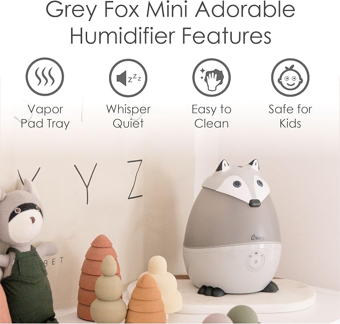 Ultrasonic Cool Mist Animal Humidifier for Kids' Bedroom & Nursery, Adjustable 0.5 Gallon, Auto Shut-Off Silver Fox 0.5