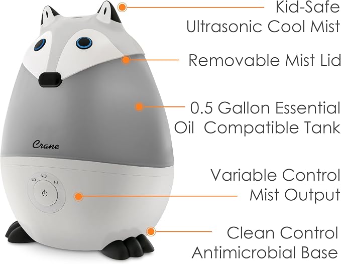 Ultrasonic Cool Mist Animal Humidifier for Kids' Bedroom & Nursery, Adjustable 0.5 Gallon, Auto Shut-Off Silver Fox 0.5