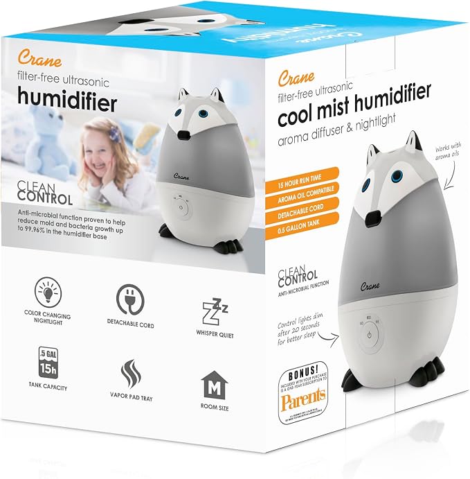 Ultrasonic Cool Mist Animal Humidifier for Kids' Bedroom & Nursery, Adjustable 0.5 Gallon, Auto Shut-Off Silver Fox 0.5