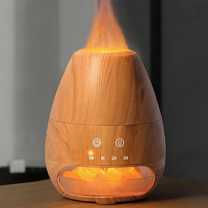 Ultrasonic Essential Oil Diffuser with Himalayan Salt Rock,Flame Diffuser with 2 Color Light,Small Aromatherapy Oil Diffuser