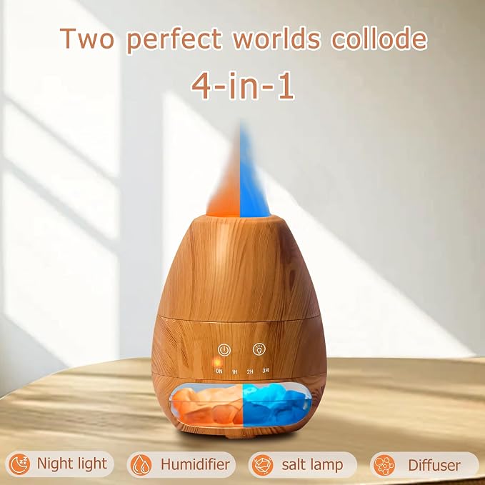 Ultrasonic Essential Oil Diffuser with Himalayan Salt Rock,Flame Diffuser with 2 Color Light,Small Aromatherapy Oil Diffuser