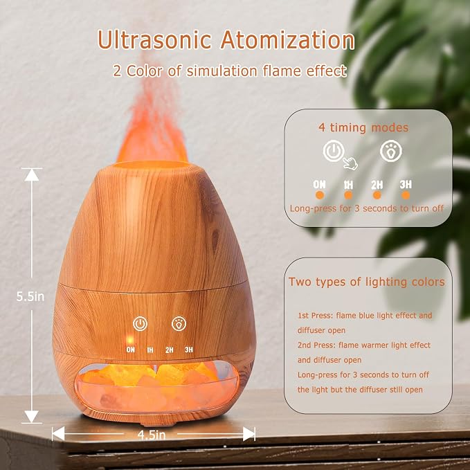 Ultrasonic Essential Oil Diffuser with Himalayan Salt Rock,Flame Diffuser with 2 Color Light,Small Aromatherapy Oil Diffuser