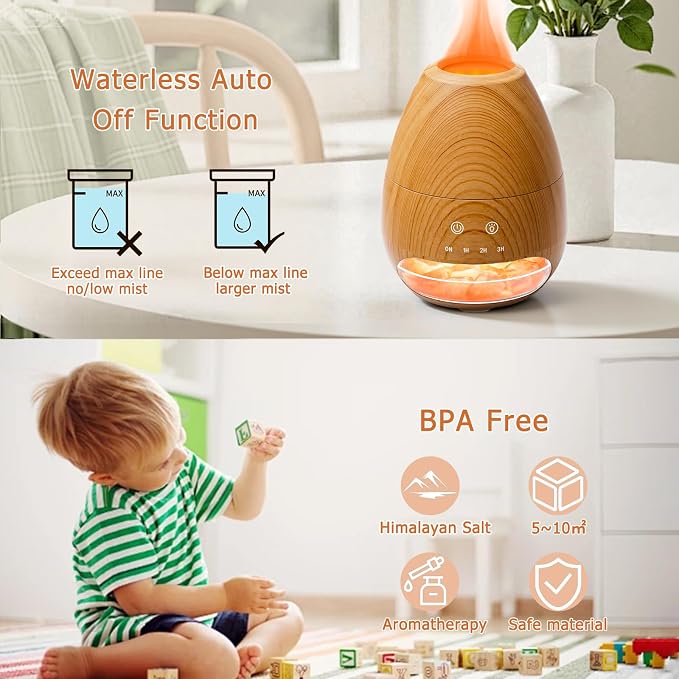 Ultrasonic Essential Oil Diffuser with Himalayan Salt Rock,Flame Diffuser with 2 Color Light,Small Aromatherapy Oil Diffuser