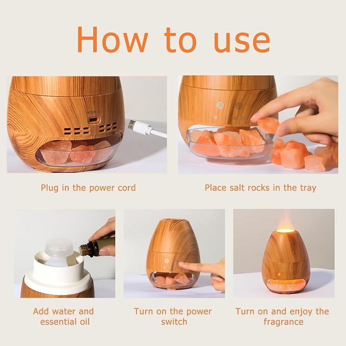 Ultrasonic Essential Oil Diffuser with Himalayan Salt Rock,Flame Diffuser with 2 Color Light,Small Aromatherapy Oil Diffuser