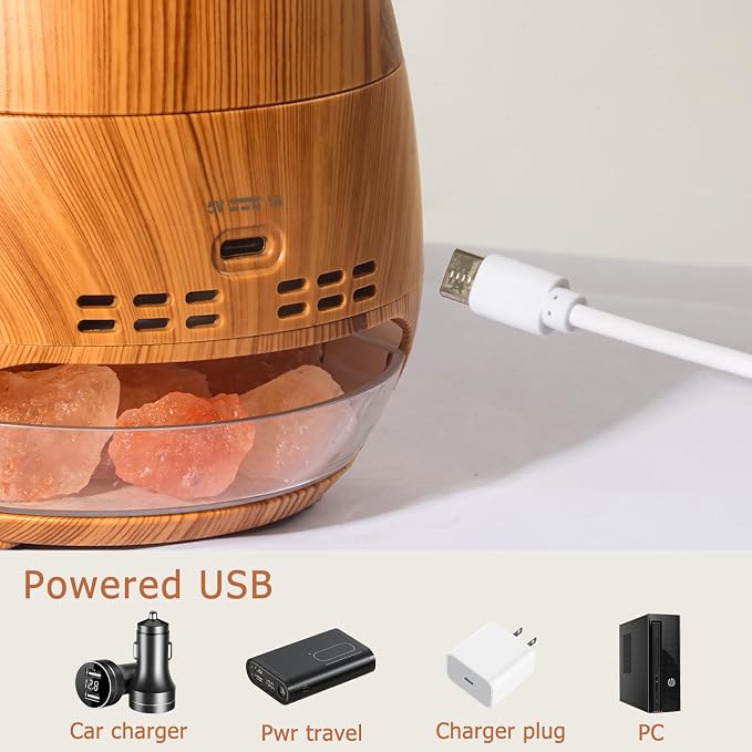 Ultrasonic Essential Oil Diffuser with Himalayan Salt Rock,Flame Diffuser with 2 Color Light,Small Aromatherapy Oil Diffuser