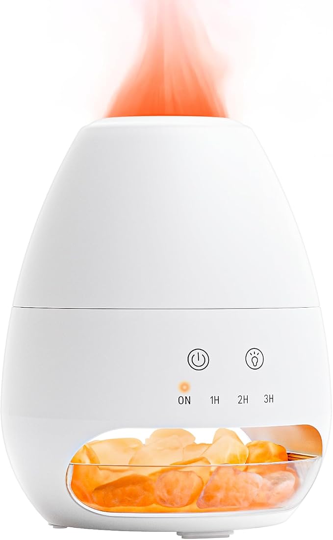 Ultrasonic Essential Oil Diffuser with Himalayan Salt Rock,Flame Diffuser with 2 Color Light,Aromatherapy Oil Diffuser with