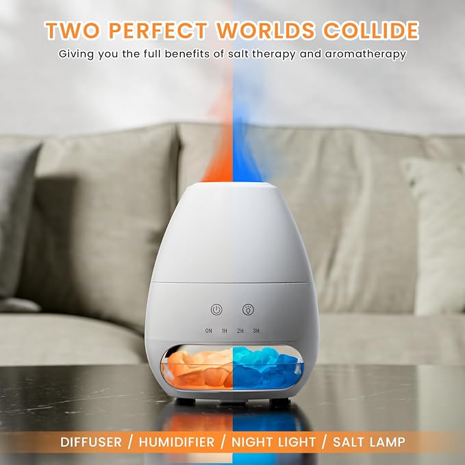 Ultrasonic Essential Oil Diffuser with Himalayan Salt Rock,Flame Diffuser with 2 Color Light,Aromatherapy Oil Diffuser with