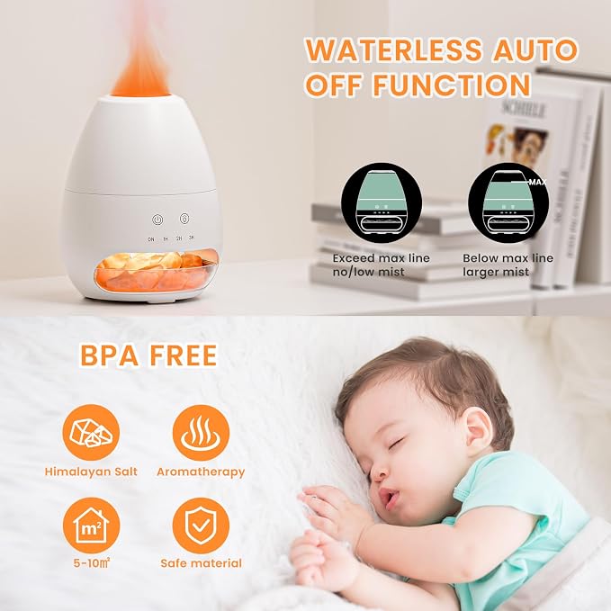 Ultrasonic Essential Oil Diffuser with Himalayan Salt Rock,Flame Diffuser with 2 Color Light,Aromatherapy Oil Diffuser with