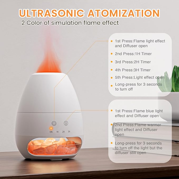 Ultrasonic Essential Oil Diffuser with Himalayan Salt Rock,Flame Diffuser with 2 Color Light,Aromatherapy Oil Diffuser with