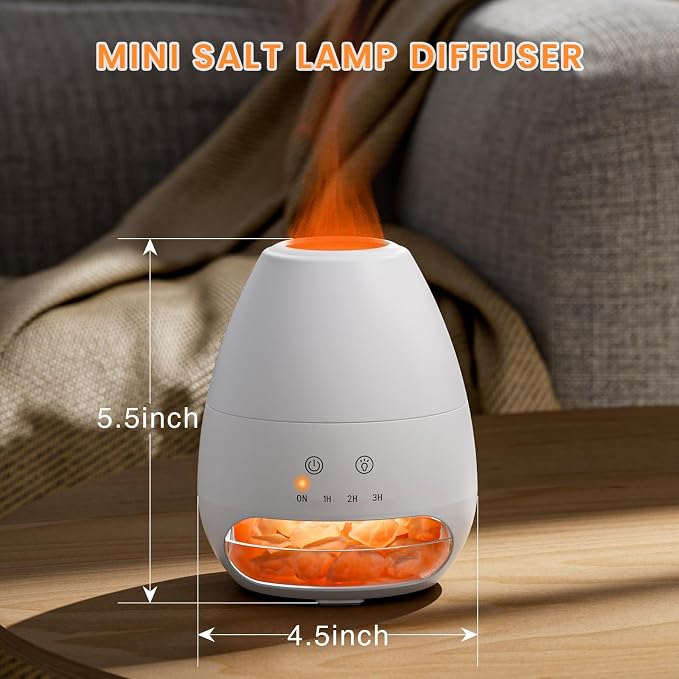 Ultrasonic Essential Oil Diffuser with Himalayan Salt Rock,Flame Diffuser with 2 Color Light,Aromatherapy Oil Diffuser with