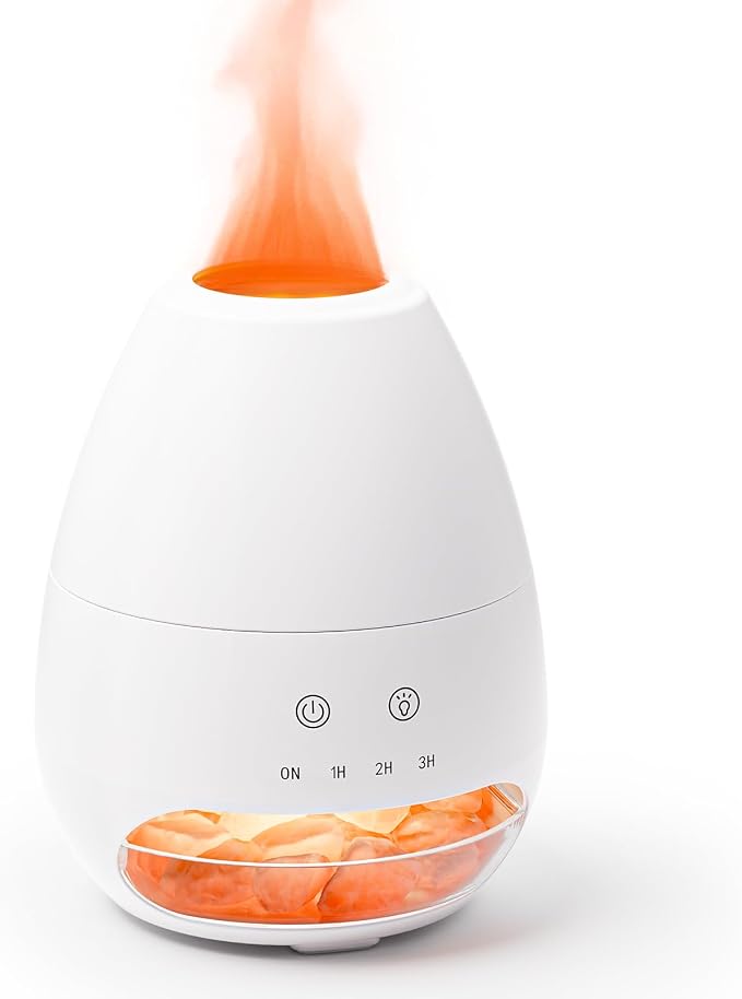 Ultrasonic Essential Oil Diffuser with Himalayan Salt Rock,Flame Diffuser with 2 Color Light,Aromatherapy Oil Diffuser with