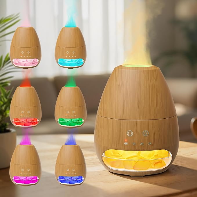 Ultrasonic Essential Oil Diffuser with Himalayan Salt Rock,Flame Diffuser with 7 LED Light,100ML Small Aromatherapy Oil